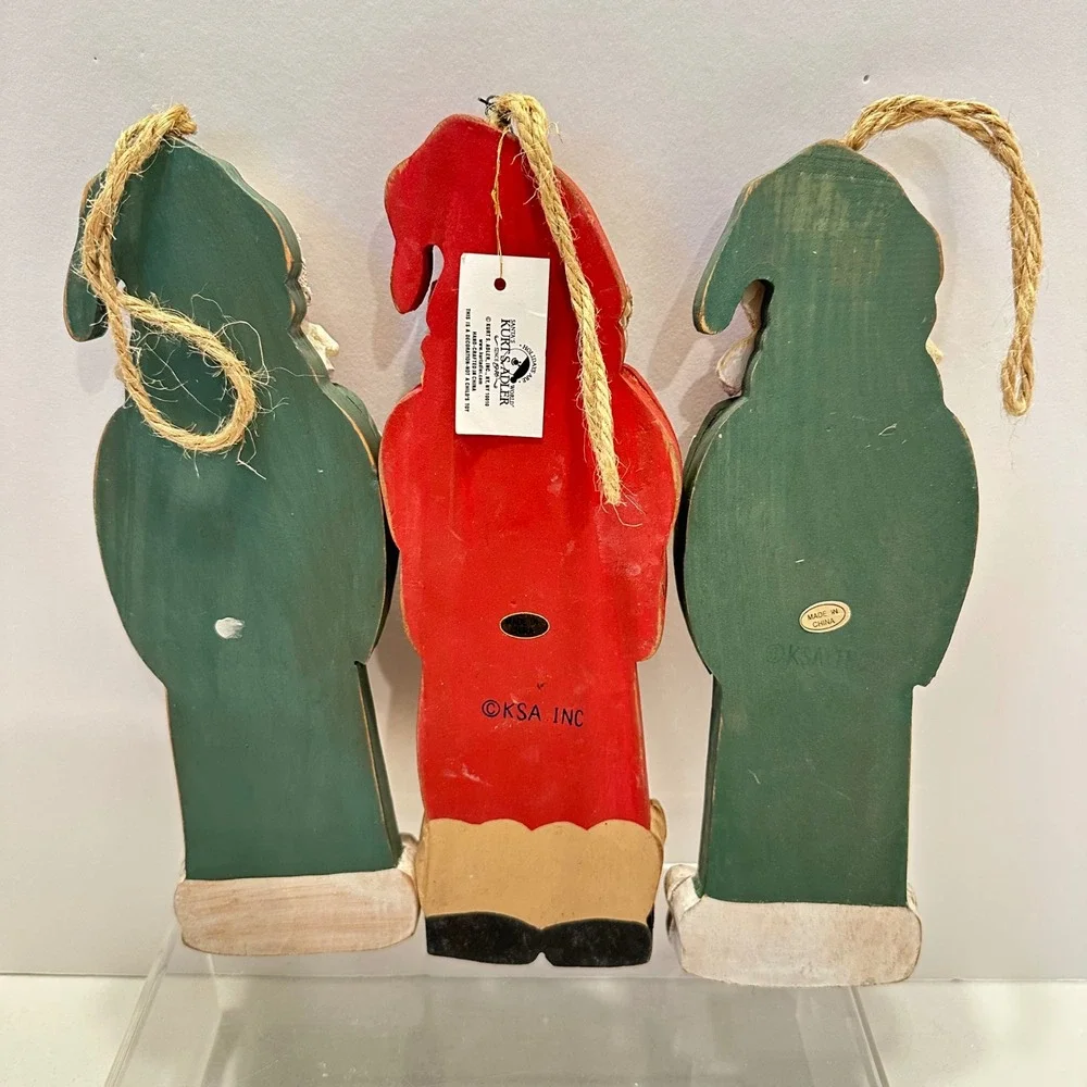 Kurt S Adler Wood Santa Ornaments Set 3 Folk Art Red Green Heart Bear KSA‎ Inc